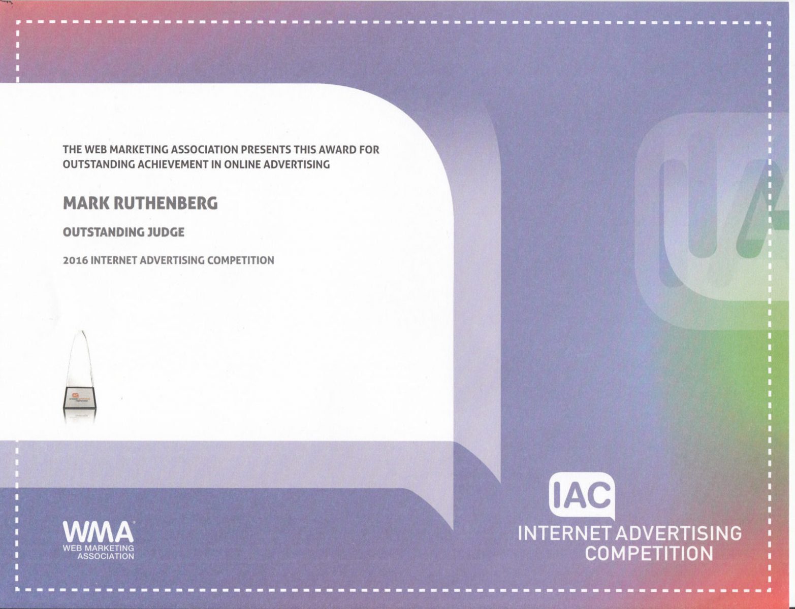 Internet Advertising Awards - Outstanding Judge Certificate 2016