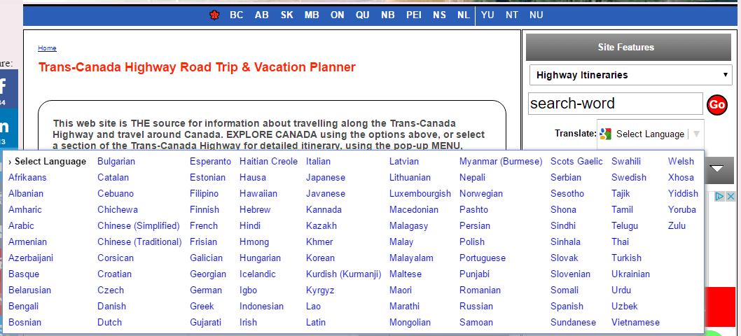 Trans-Canada Highway-Google Translate Options