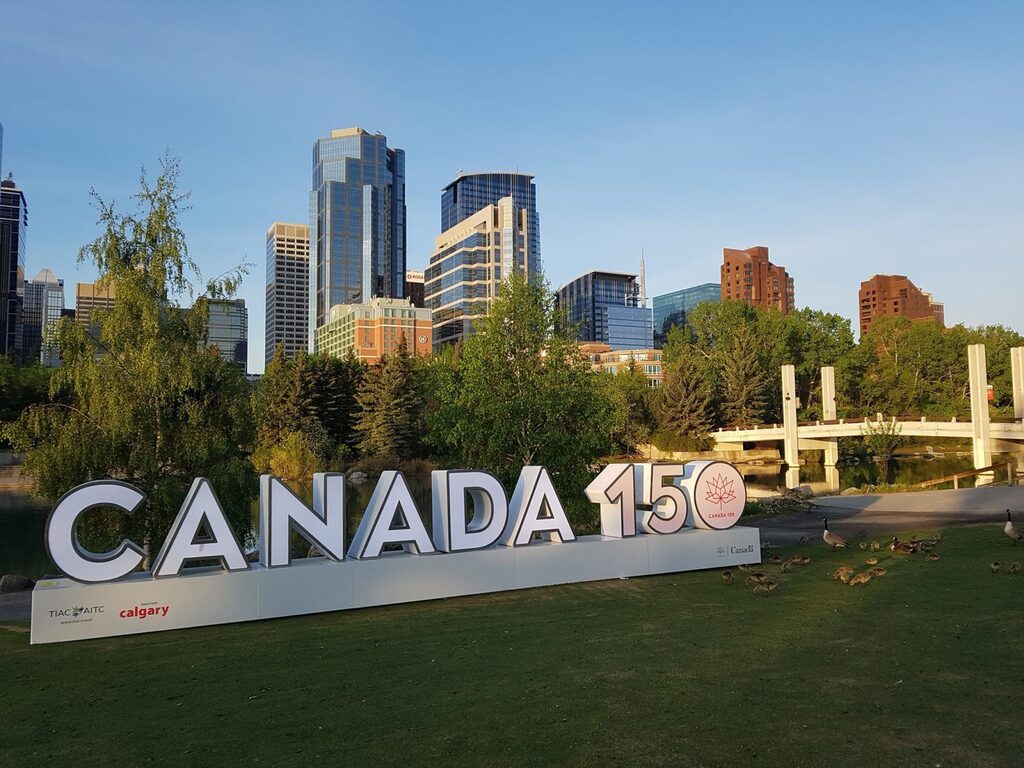 Canada 150 sign in Princes Island, downtown Calgary