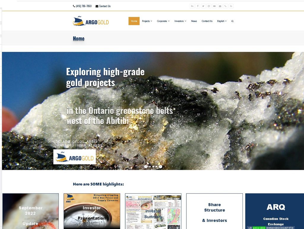 Argo Gold public company website - desktop view