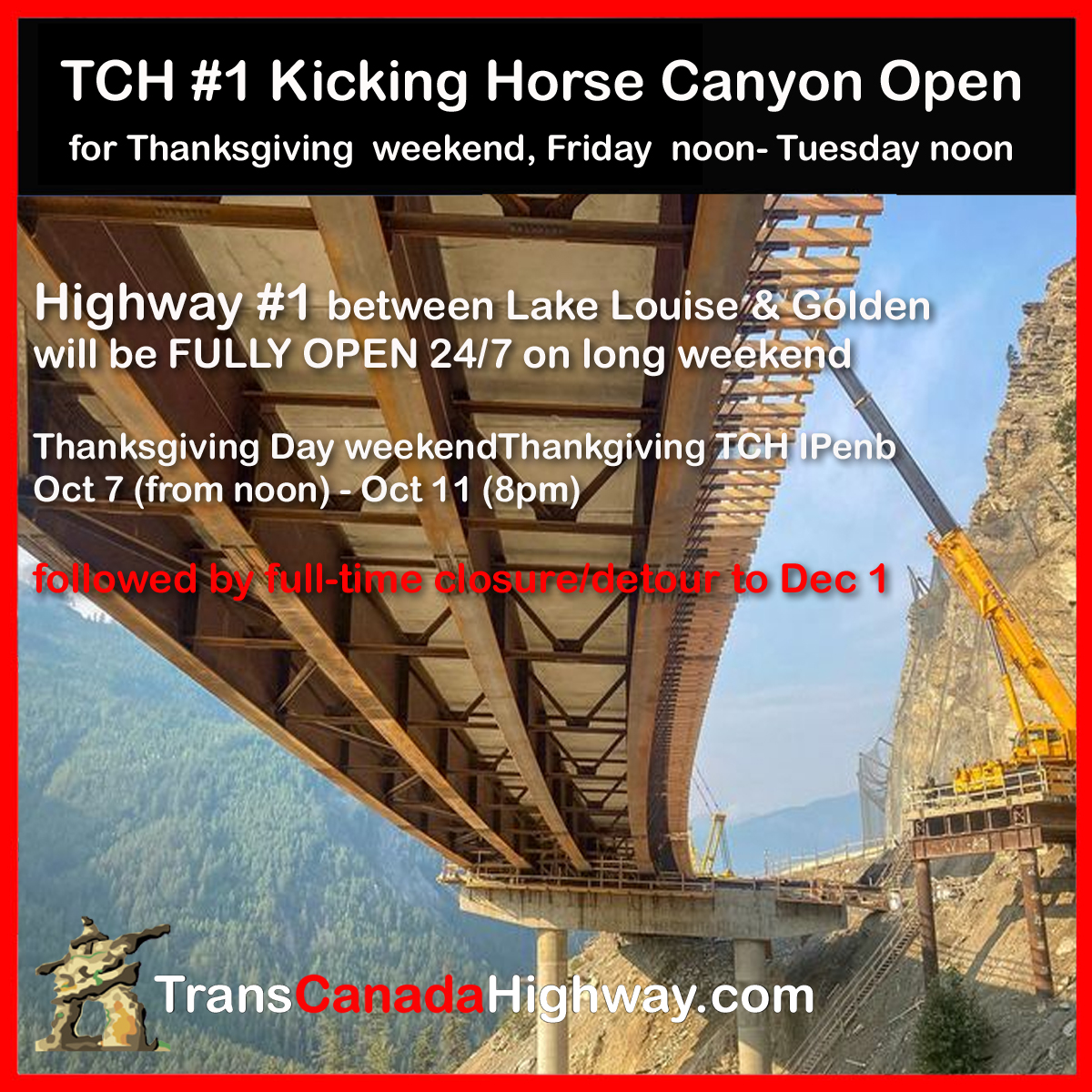 TransCanadaHighway.com Thanksgiving 2022 Long weekend Kicking Horse schedule